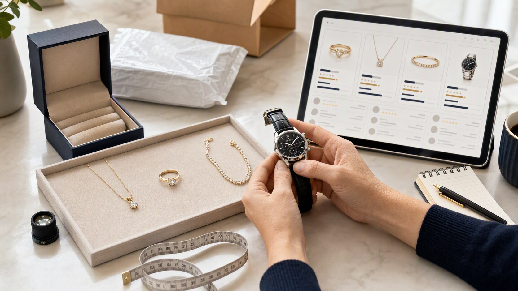 Buyer comparing unbranded jewelry, wristwatch details, measurements, materials, and online product options before ordering