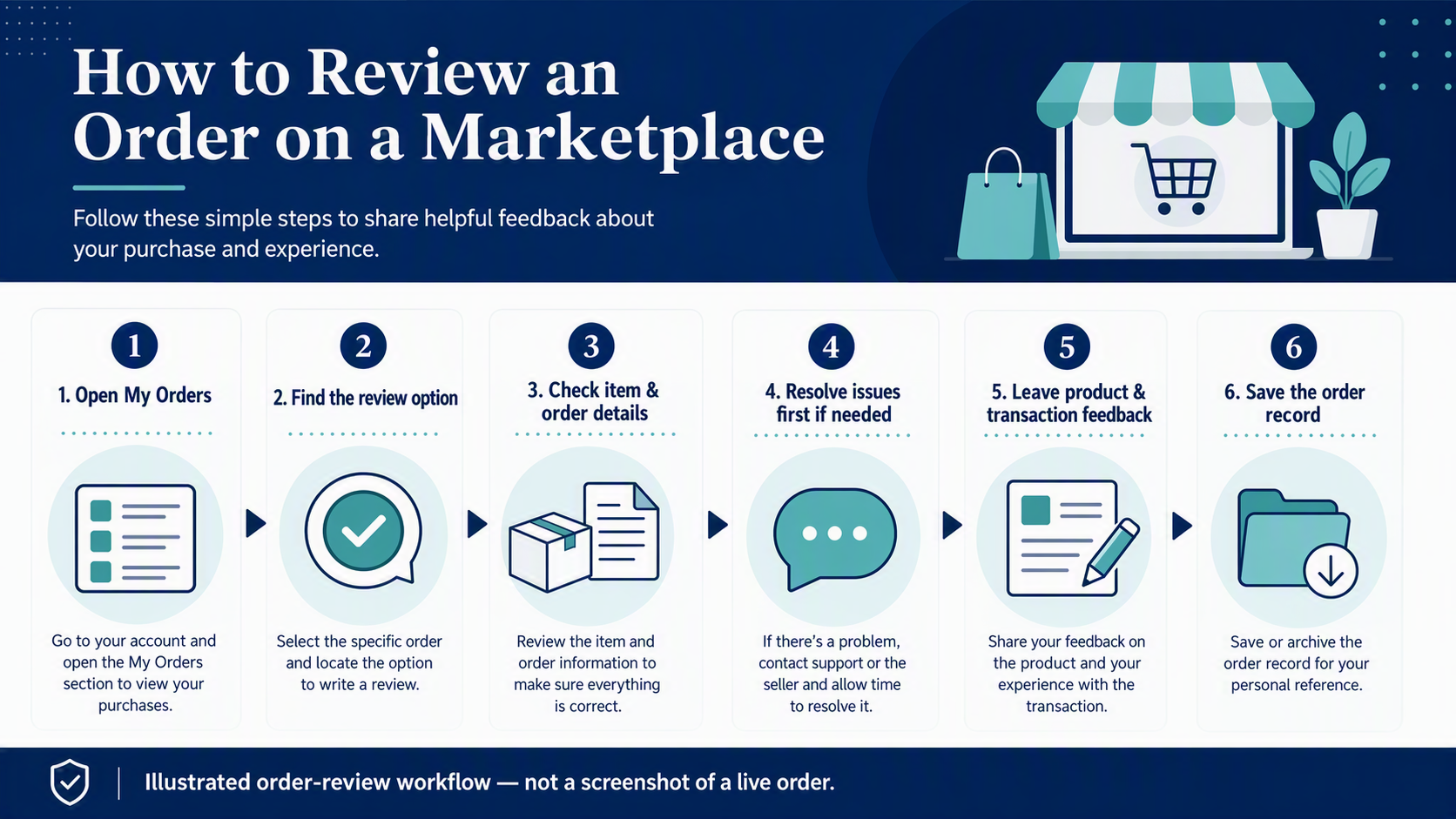 Illustrated six-step workflow for reviewing a marketplace order: open My Orders, find the review option, check item and order details, resolve issues first if needed, leave feedback, and save the order record.