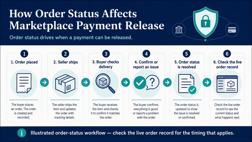Illustrated six-stage order-status workflow showing order placement, shipment, delivery check, confirmation or issue reporting, resolution, and checking the live order record for the timing that applies.