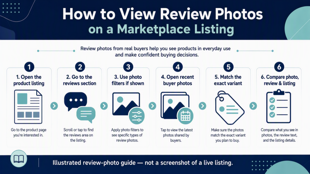 Illustrated six-step guide for viewing marketplace review photos: open a product listing, go to reviews, use photo filters if shown, open recent buyer photos, match the exact variant, and compare the photo, review, and listing.