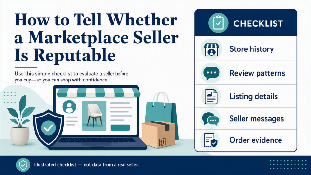 Illustrated checklist showing store history, review patterns, listing details, seller messages, and order evidence for evaluating a marketplace seller.