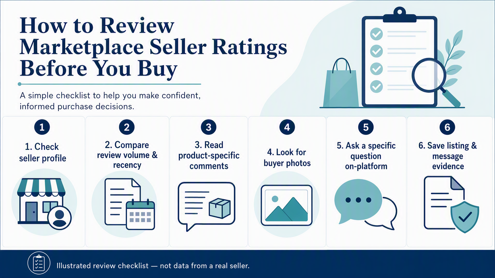 Illustrated six-step checklist for reviewing a marketplace seller: check the seller profile, compare review volume and recency, read product-specific comments, look for buyer photos, ask a question on-platform, and save listing and message evidence.