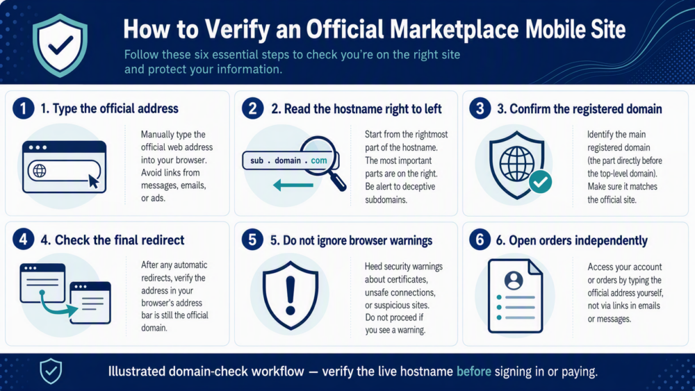 Illustrated six-step domain-check workflow: type the official address, read the hostname right to left, confirm the registered domain, check the final redirect, heed browser warnings, and open orders independently.