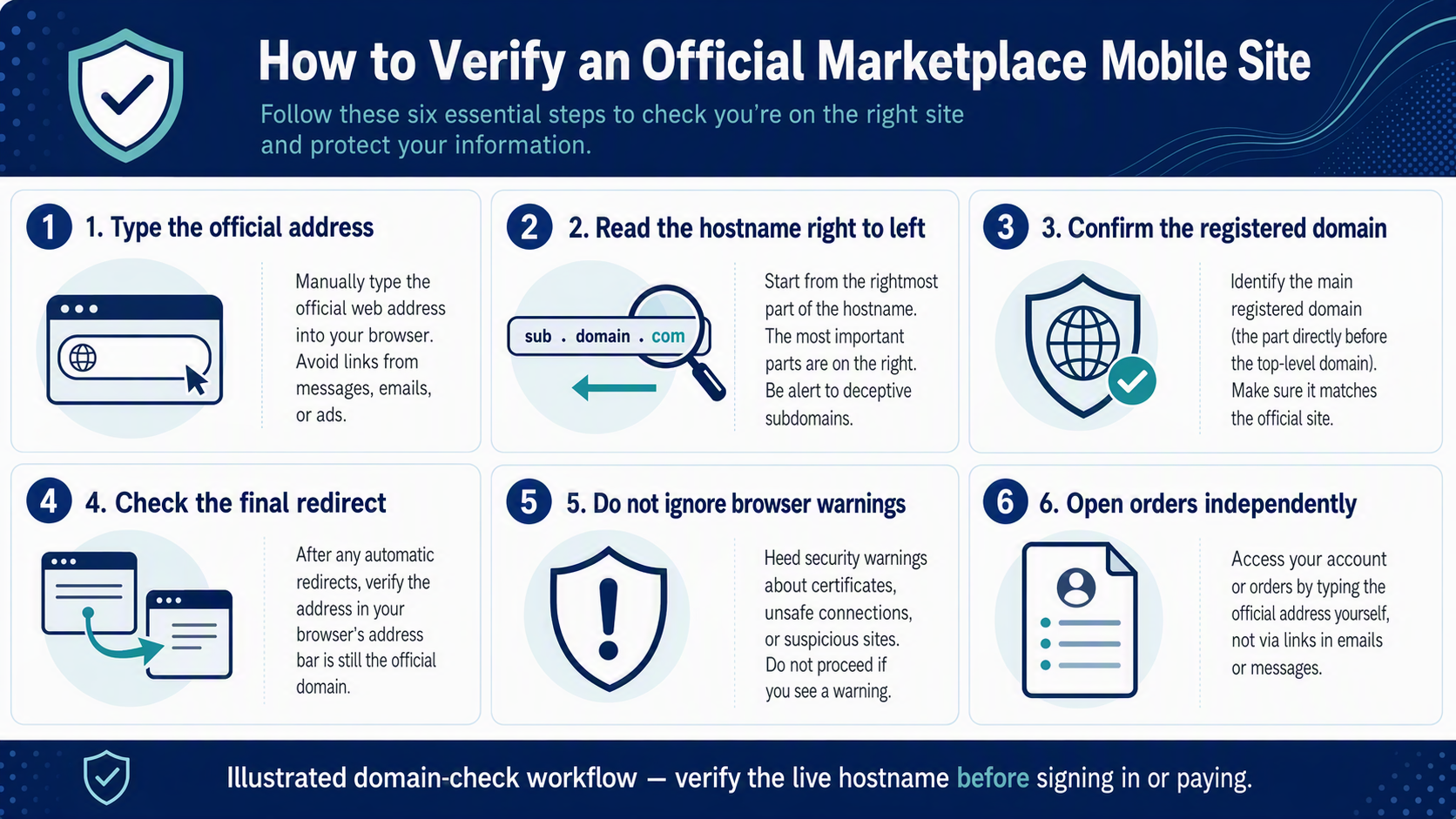 Illustrated six-step domain-check workflow: type the official address, read the hostname right to left, confirm the registered domain, check the final redirect, heed browser warnings, and open orders independently.