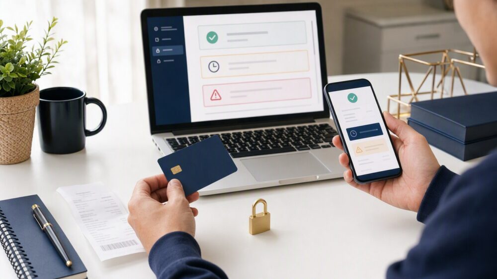Buyer checking a prepaid card, payment verification, order details, and secure checkout records before paying online