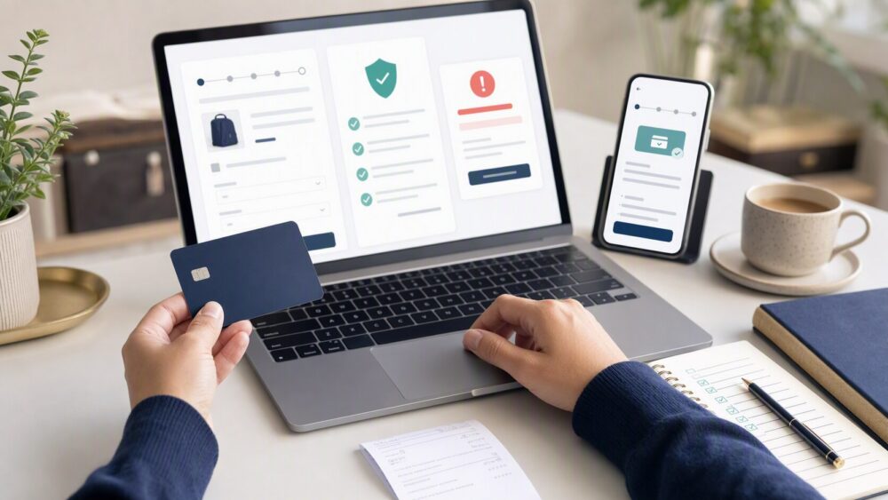 Buyer checking a prepaid card, payment verification, order details, and secure checkout records before paying online