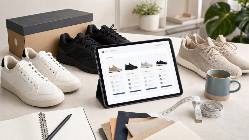 Shopper comparing unbranded sneakers, shoe sizes, materials, reviews, and online order options before buying