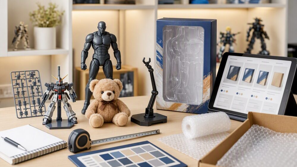 Buyer comparing unbranded toys, collectible figures, model kits, packaging, sizes, and product options before ordering online