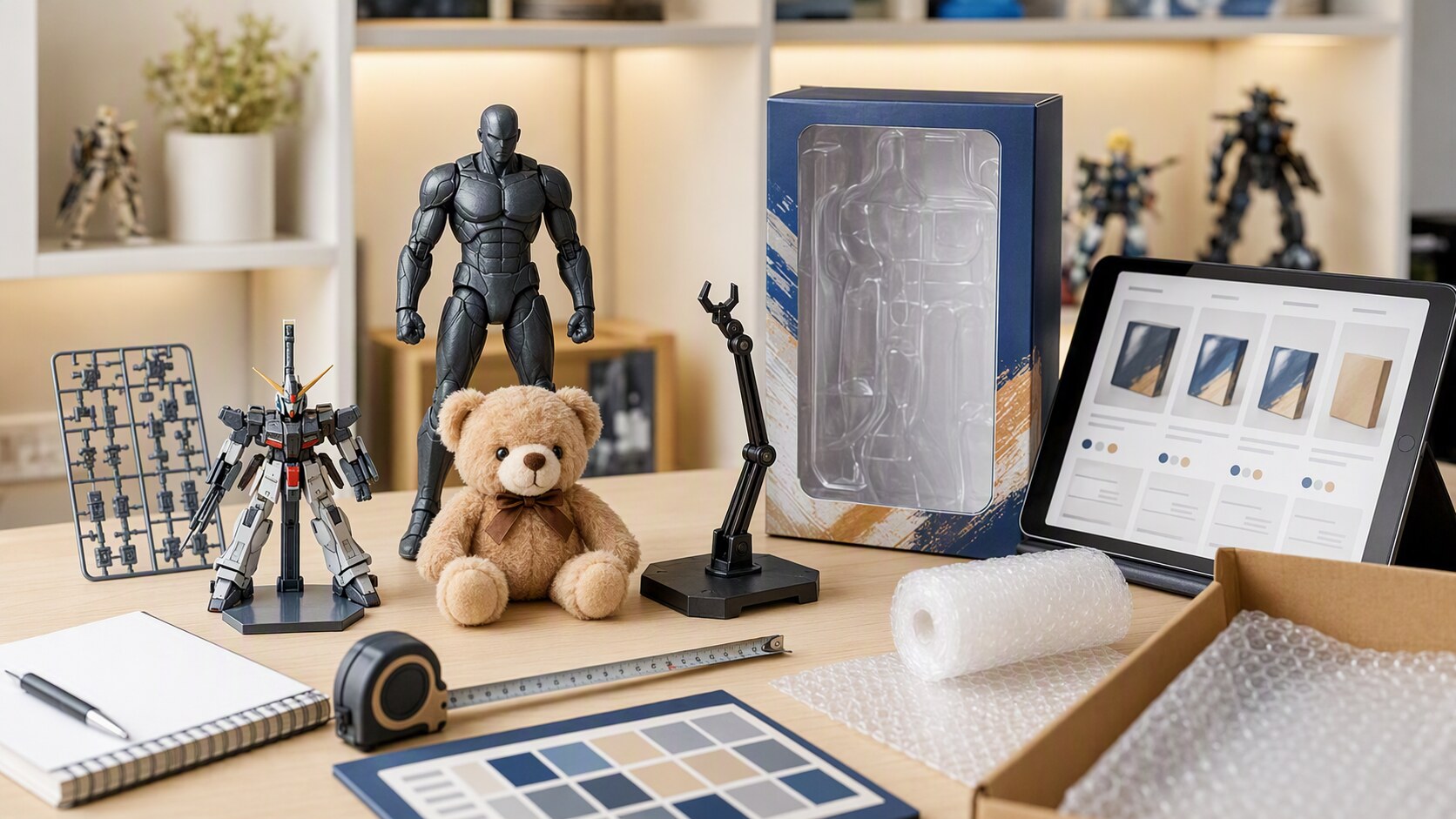 Buyer comparing unbranded toys, collectible figures, model kits, packaging, sizes, and product options before ordering online