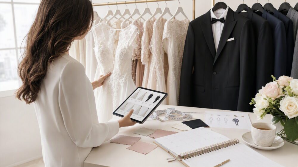 Wedding and formalwear buyer comparing dress styles, measurements, fabric details, and order planning before purchase