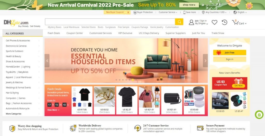 DHgate marketplace listing used to compare seller, shipping and product information