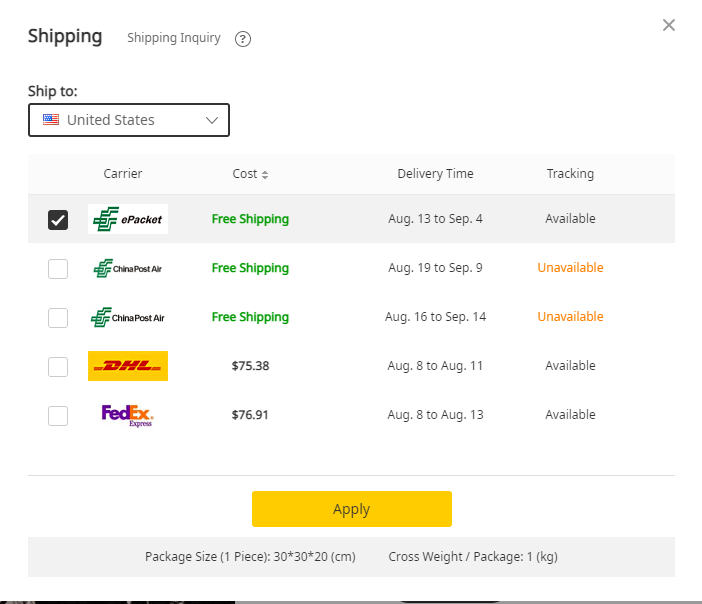 DHgate shipping options from China to the USA with delivery-time comparison