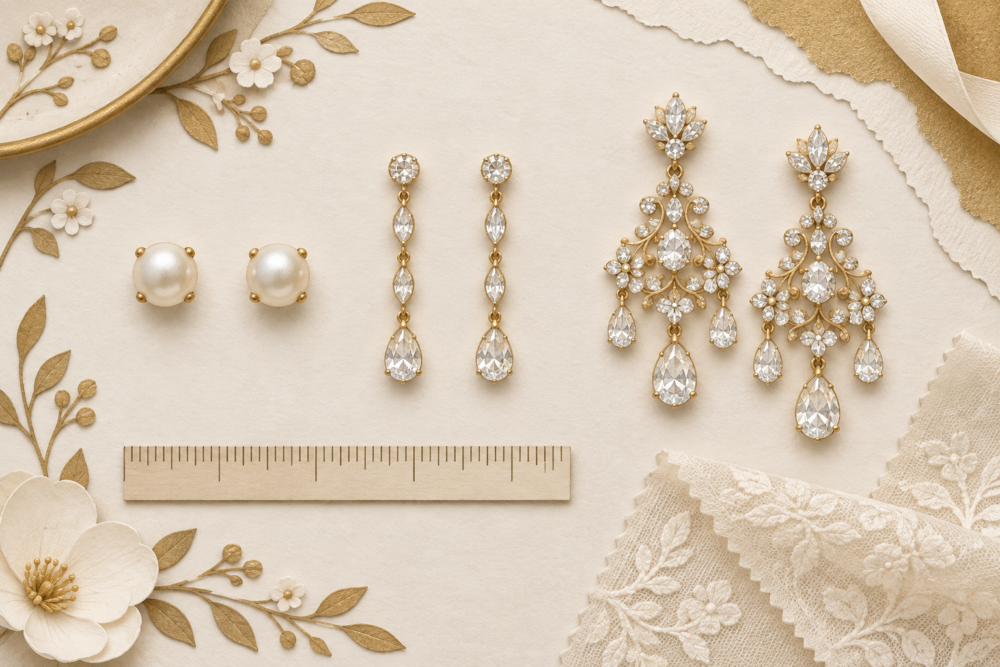 Illustration of bridal studs, drop earrings and chandelier earrings beside a ruler