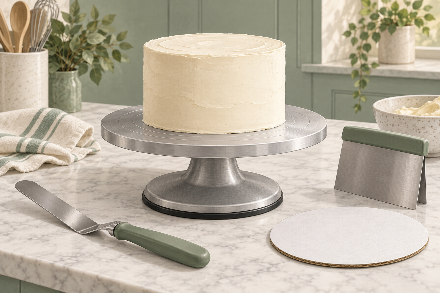 Cake turntable with a round cake set on a flat rotating top above a flared base