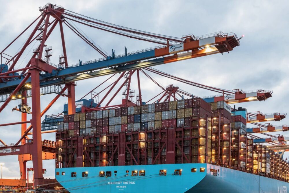 Container ship and cranes at the Port of Hamburg