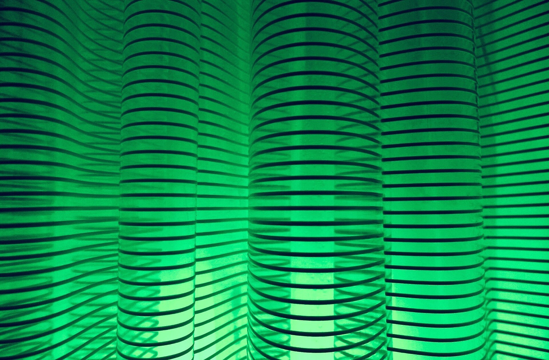 Close-up of dark horizontal stripes bending across the folds of a green shower curtain