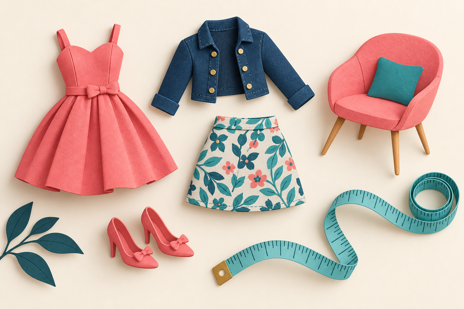 Illustration of doll clothing, shoes, a chair and a measuring tape for checking accessory fit