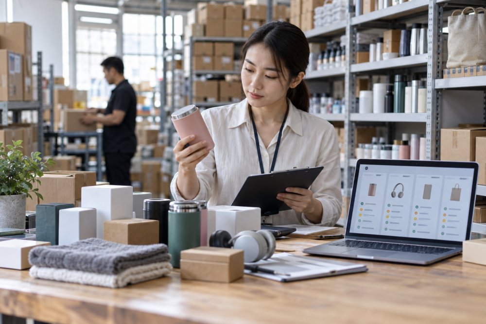 Procurement professional comparing wholesale product samples in a warehouse