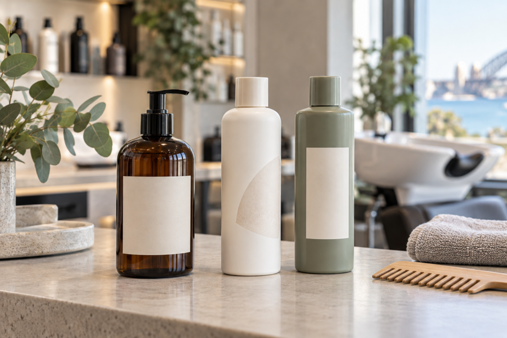 Three unbranded shampoo bottles displayed for comparison in a modern salon