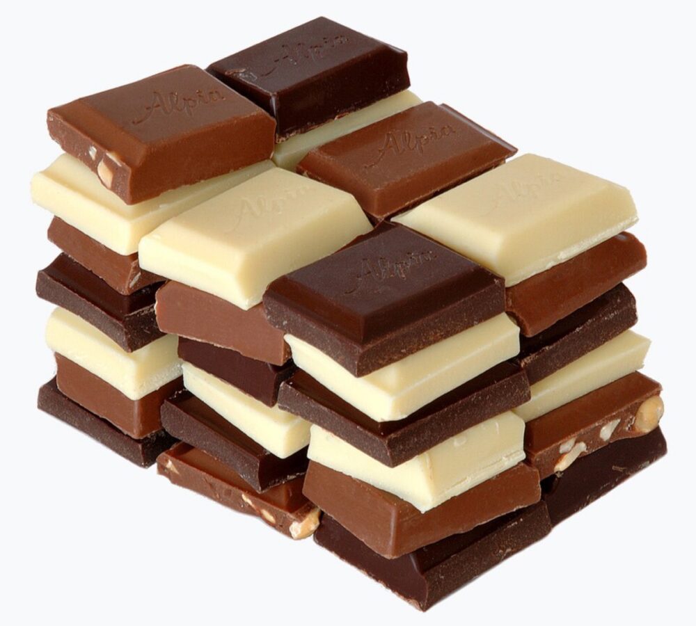 Stacked chocolate bars on a blue background
