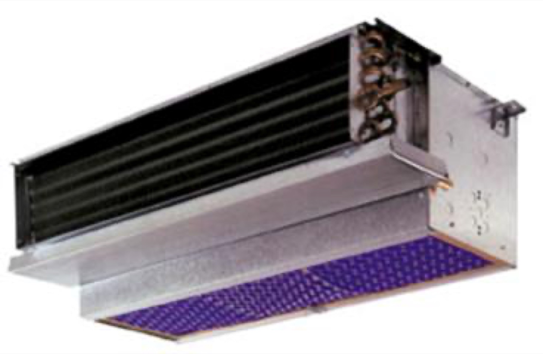 Fan coil unit in a mechanical space, showing casing and piping