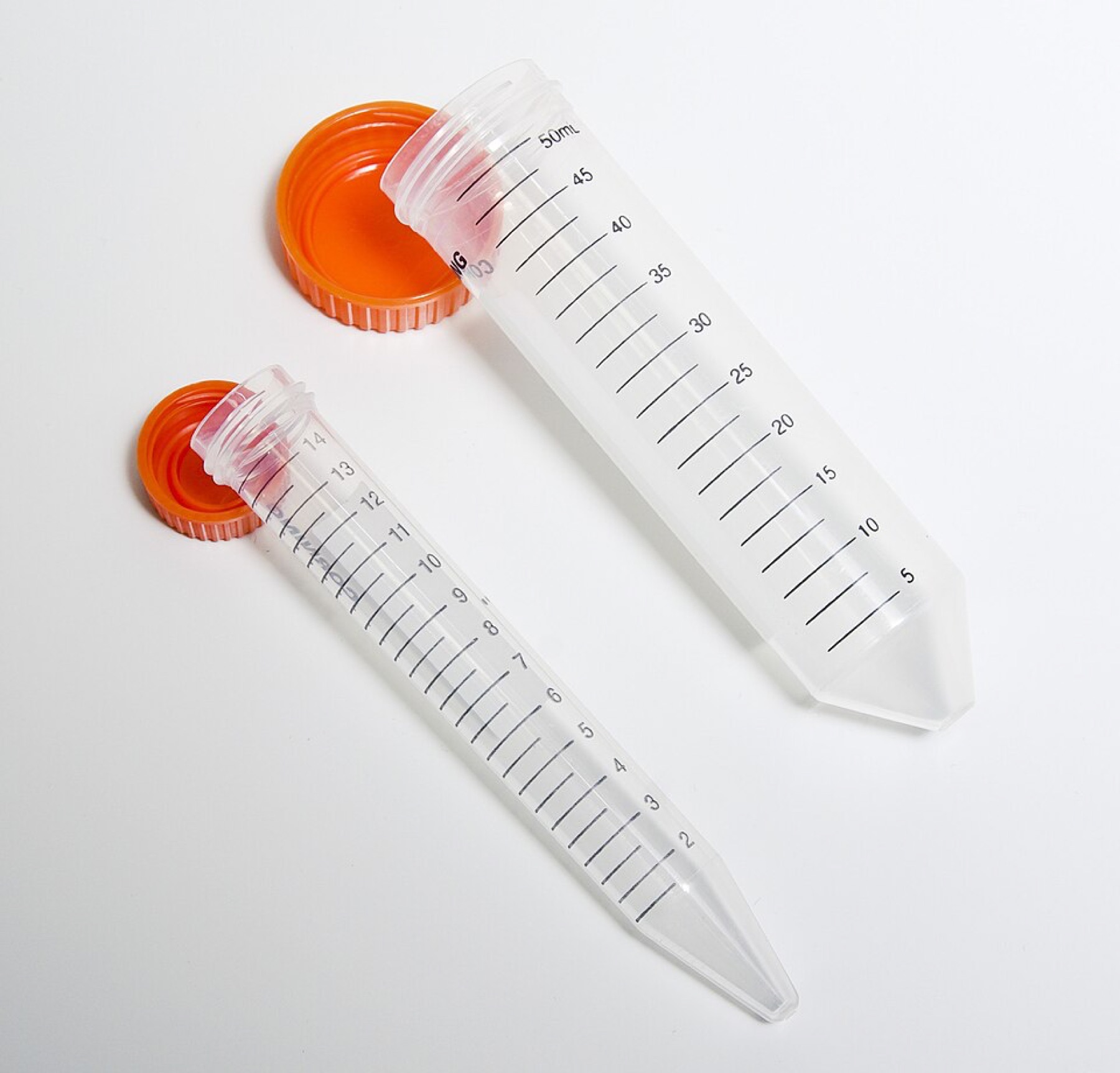 50 mL and 15 mL Falcon-type centrifuge tubes standing upright