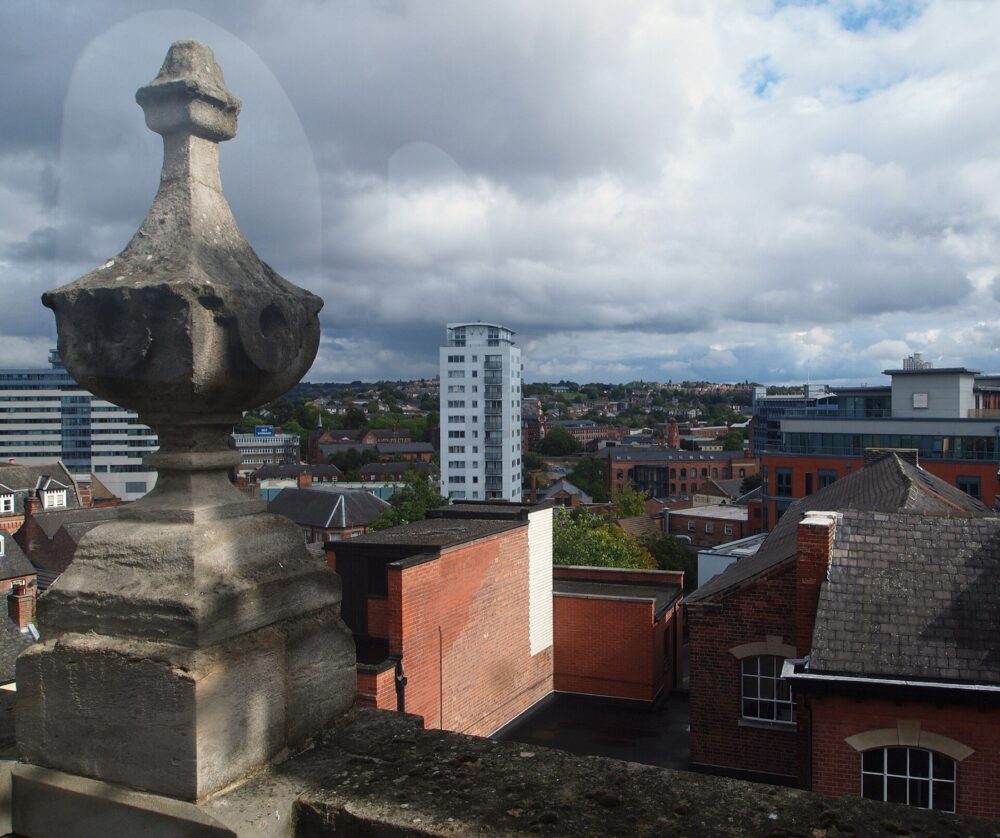 View over rooftops in a historic lace market district, symbolising diverse fashion trading hubs.