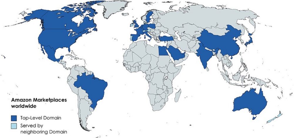 Map showing Amazon marketplaces worldwide, illustrating Amazon's global reach compared to regional competitors