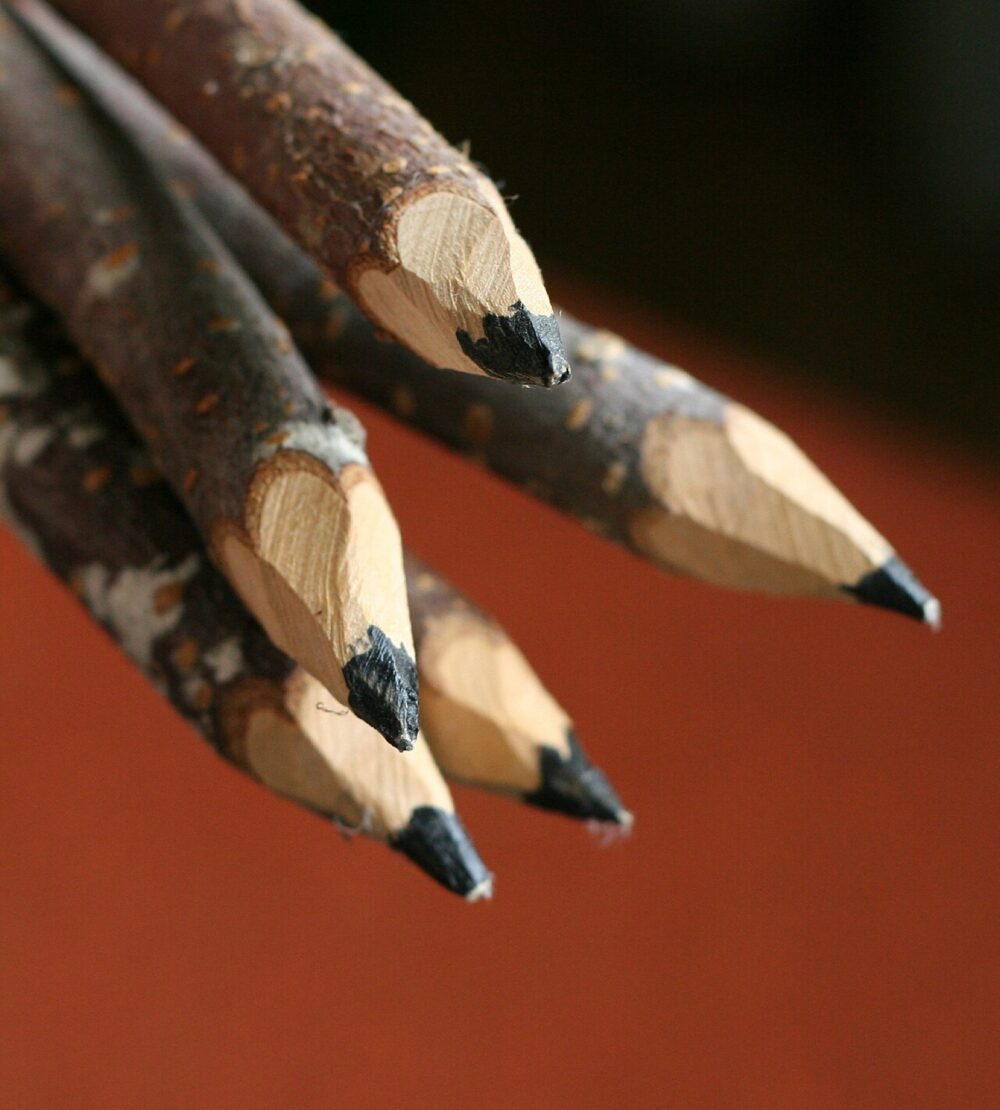 Close-up wooden pencil showing graphite core and wood grain