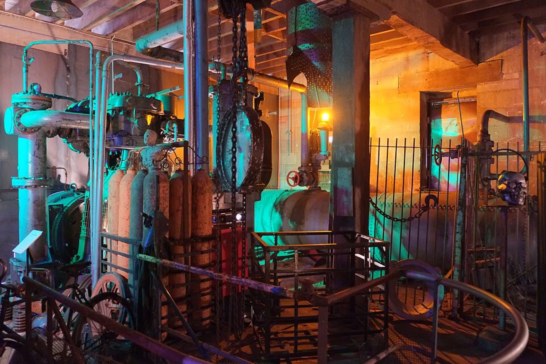 Large steampunk machinery installation with gears and pipes