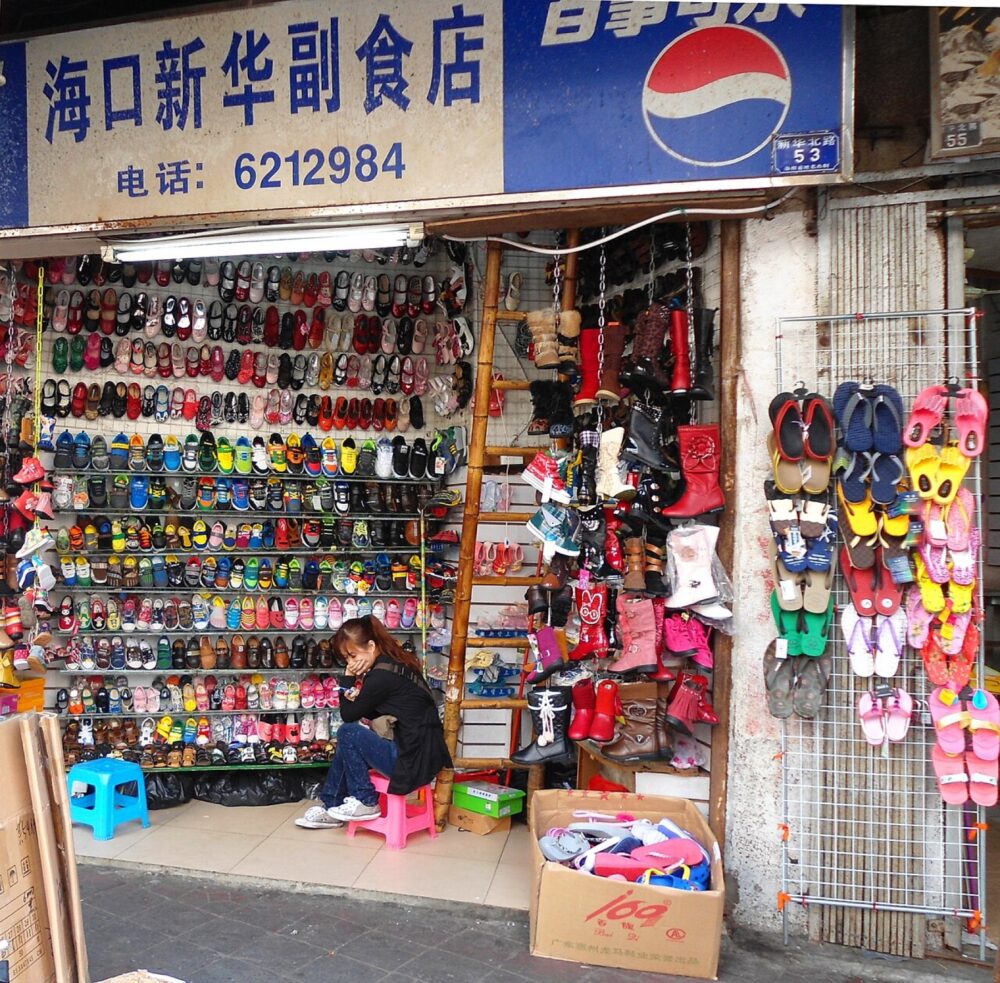 Shelves full of shoes in a Chinese shoe shop