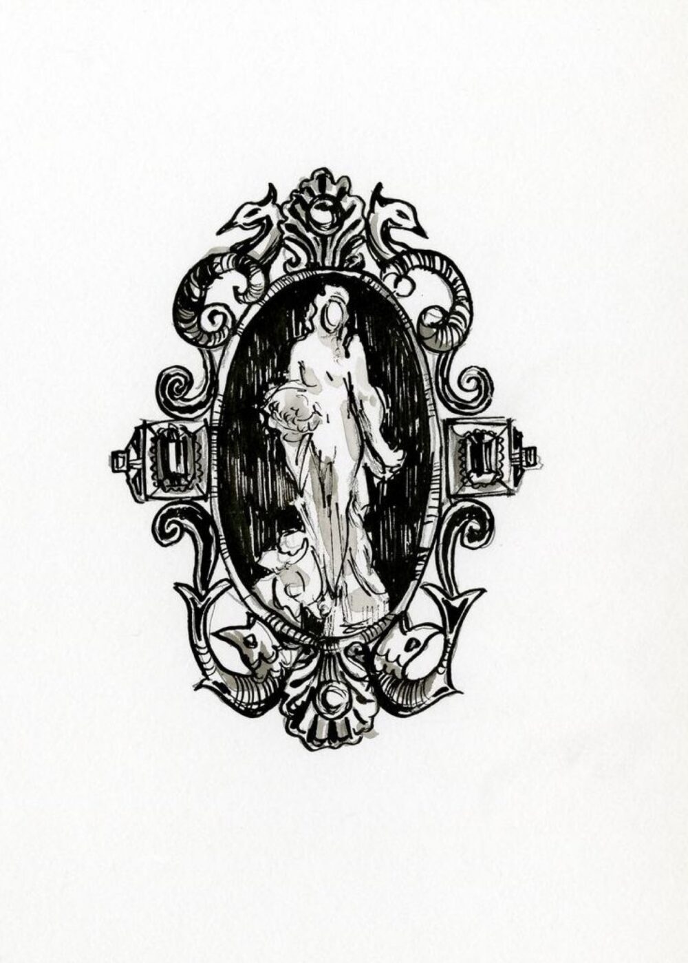 Line drawing of an ornate brooch showing decorative front and pin mechanism