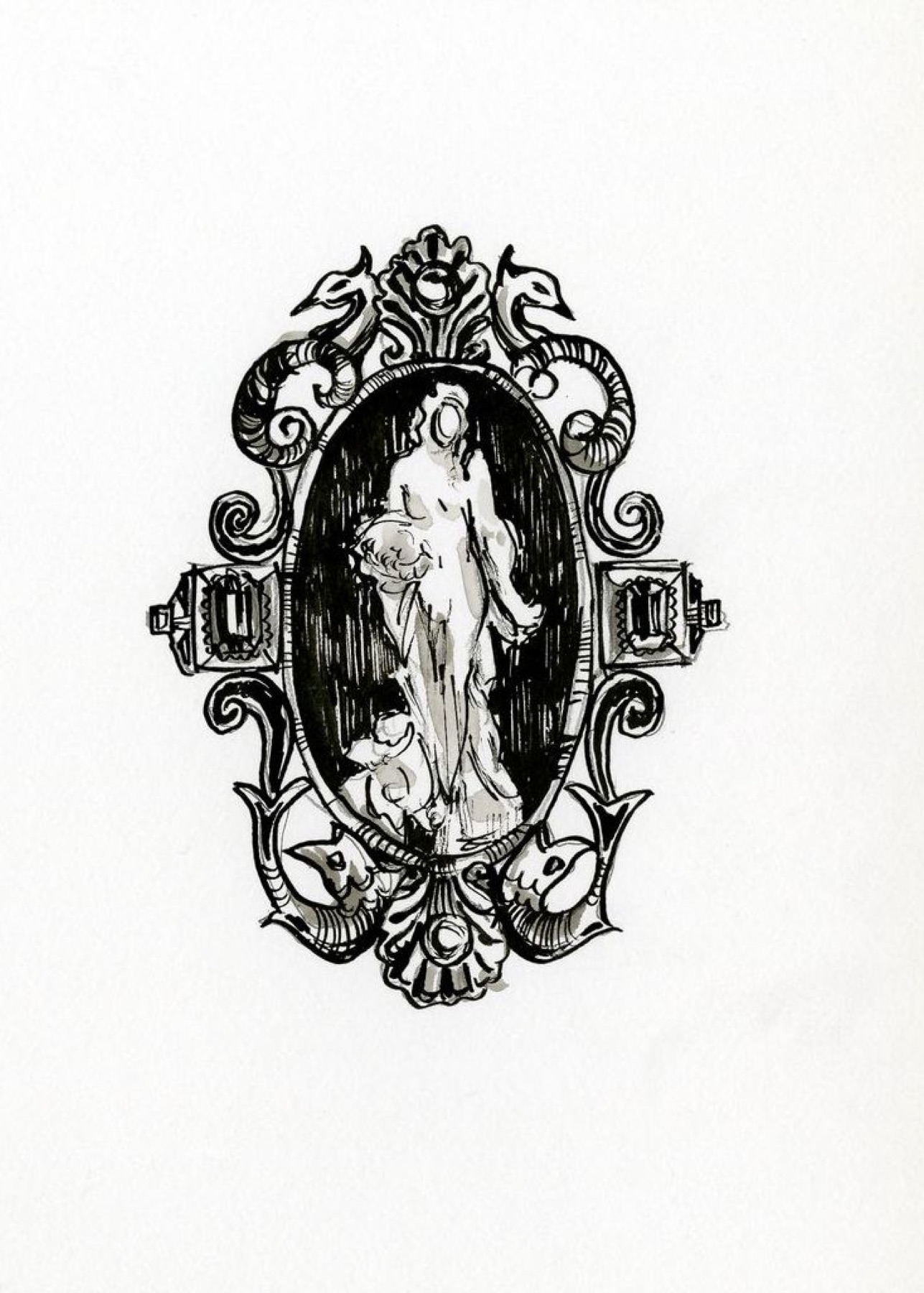 Line drawing of an ornate brooch showing decorative front and pin mechanism