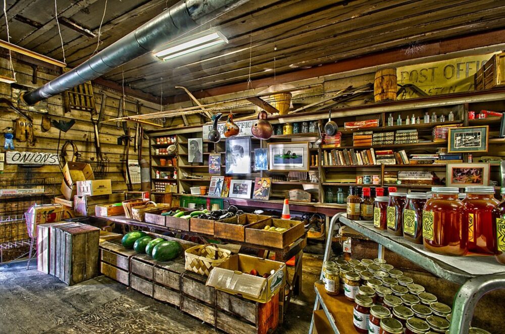Small general store stocked with canned and dry goods, illustrating regional wholesale supply to local retailers