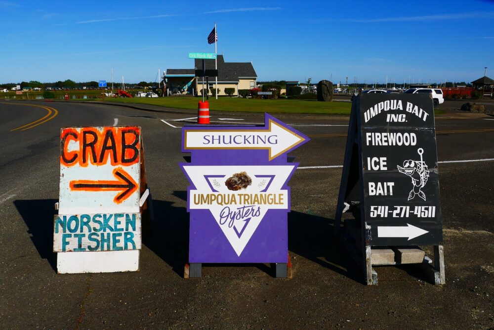 Outdoor A-frame sidewalk signs at a marina entrance