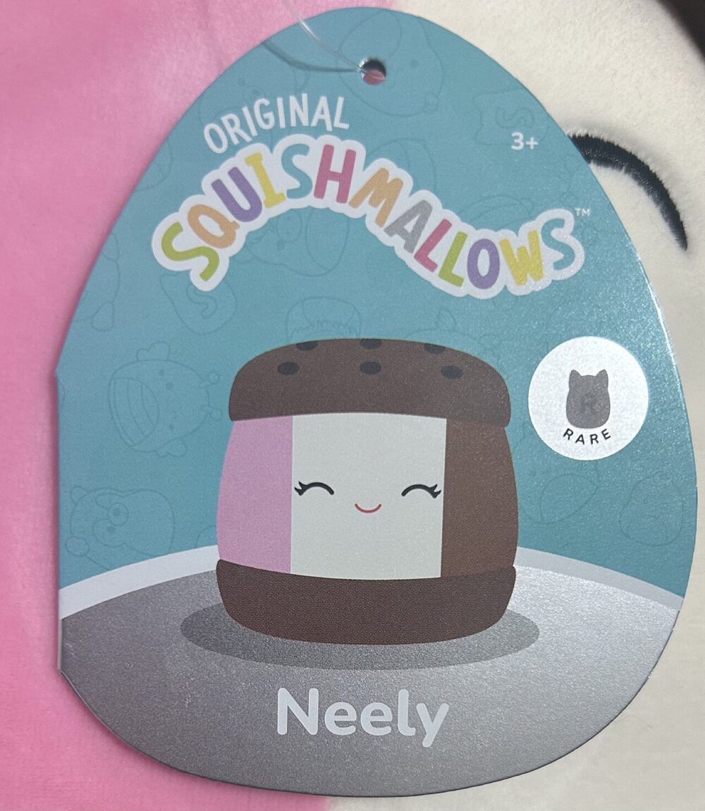 Close-up of a rare Squishmallow plush, similar in style to official Squishmallow keychains.