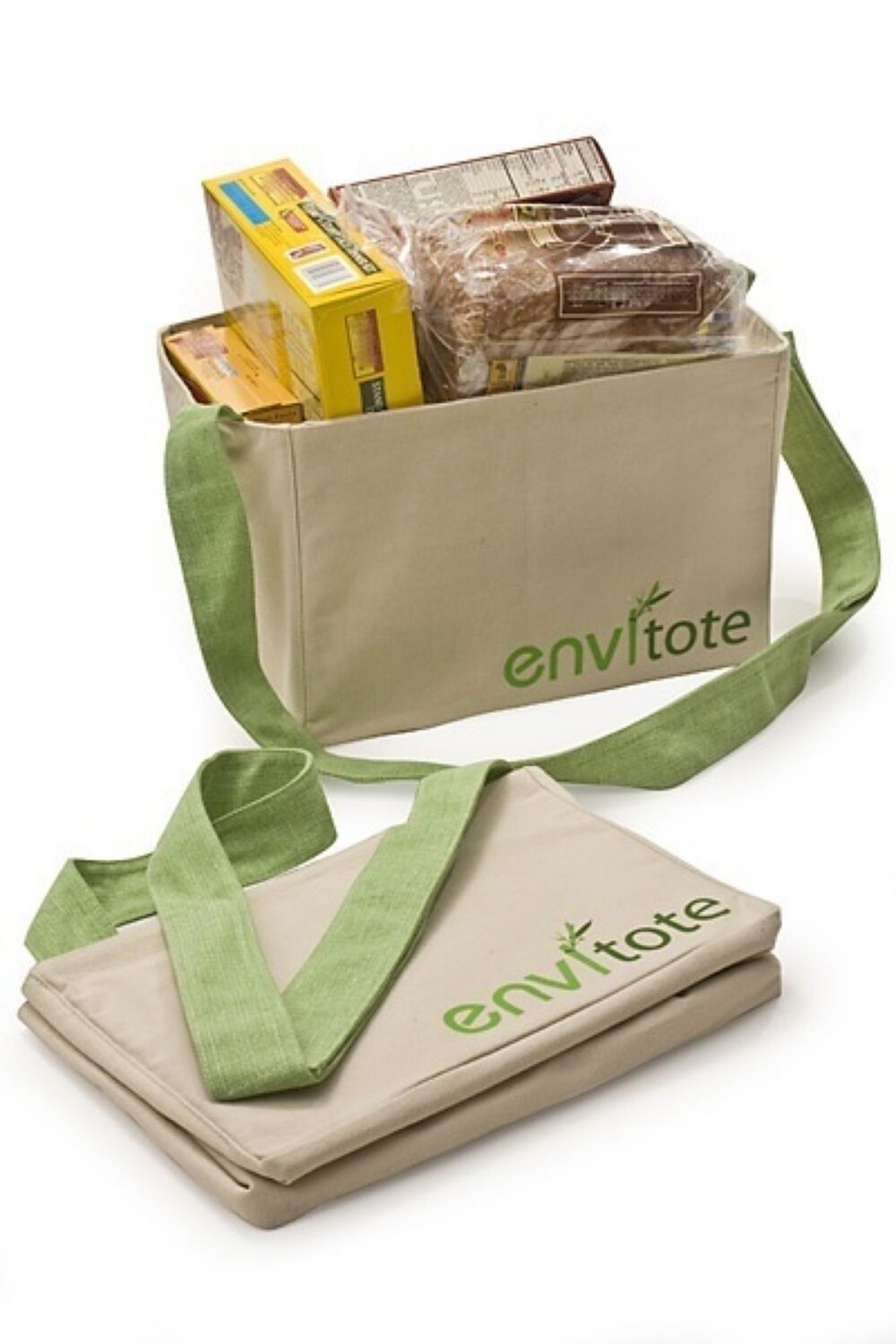Reusable grocery tote bag hanging, showing sturdy handles and fabric