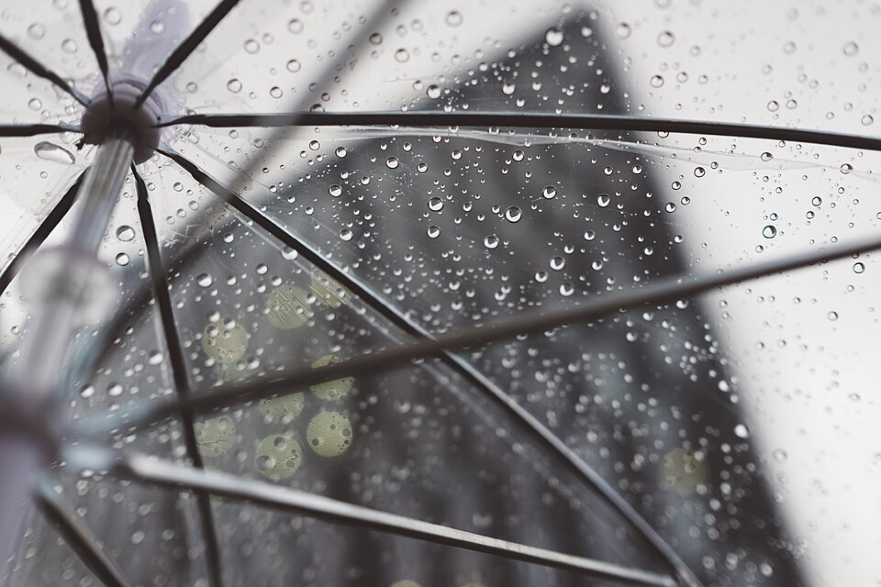 Person walking under a clear umbrella in the rain