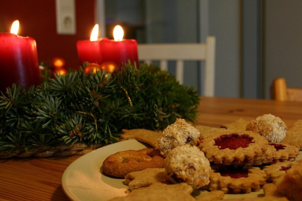 Christmas cookies on a tray, illustrating holiday baking that needs gift-ready packaging