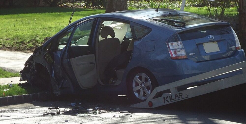 Interior of a vehicle after a crash with airbags deployed