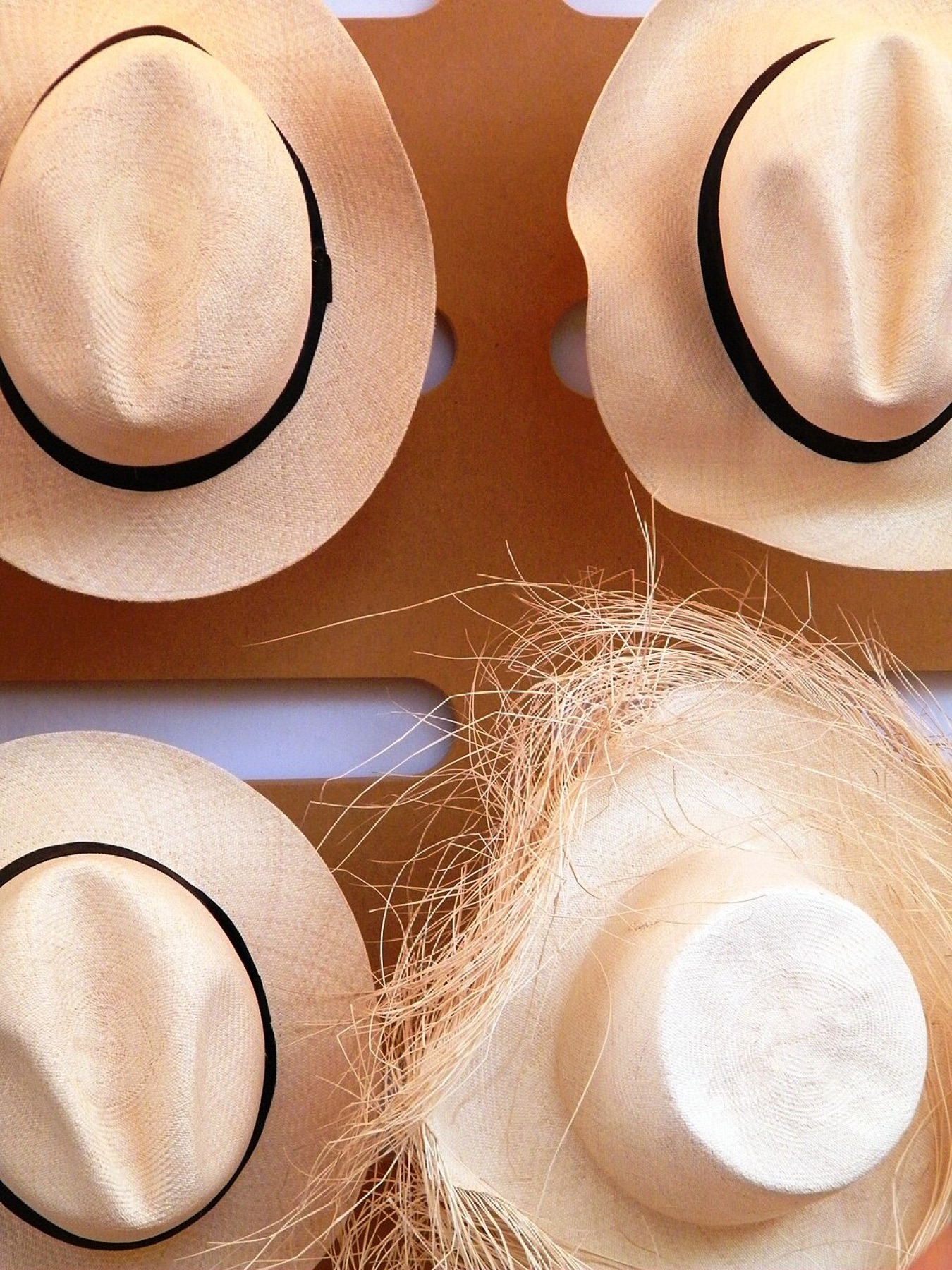 Rows of Panama-style straw hats displayed on a stand
