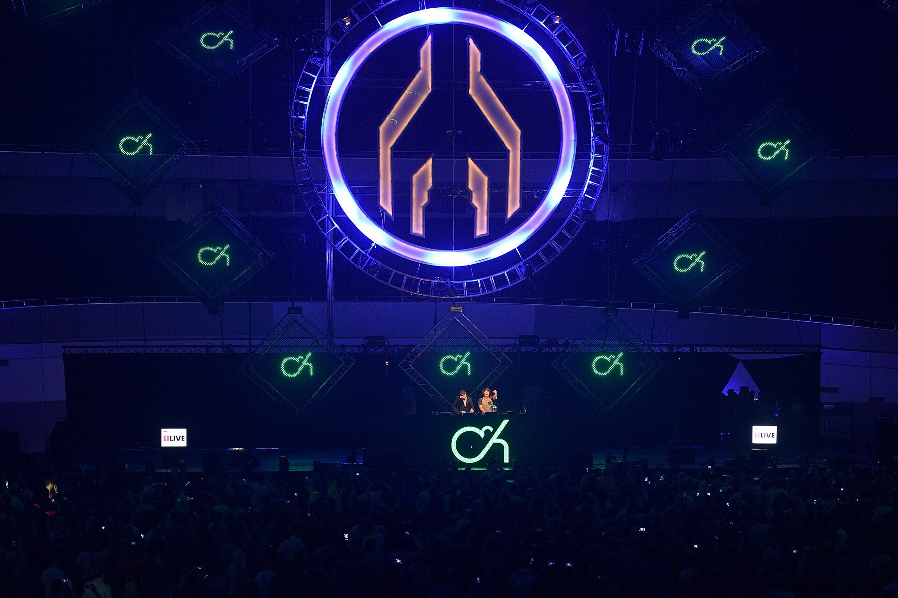 Stage shot of a performer with camouflage-themed visuals, illustrating bold camo style used in fashion contexts