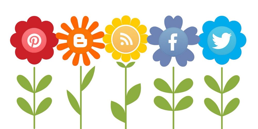 Flower-shaped icons for Pinterest, Blogger, RSS, Facebook, and Twitter