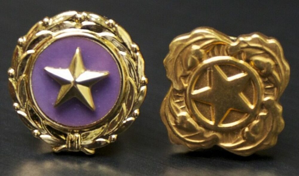 Gold star lapel pins arranged in a row