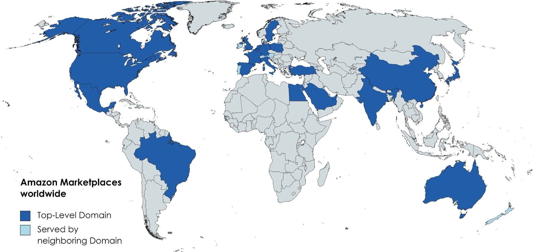 Map of Amazon country marketplaces shown in 2021