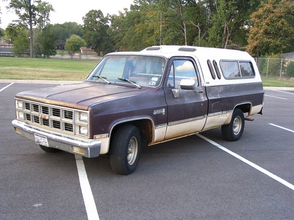 Front view of a GMC pickup truck showing grille area