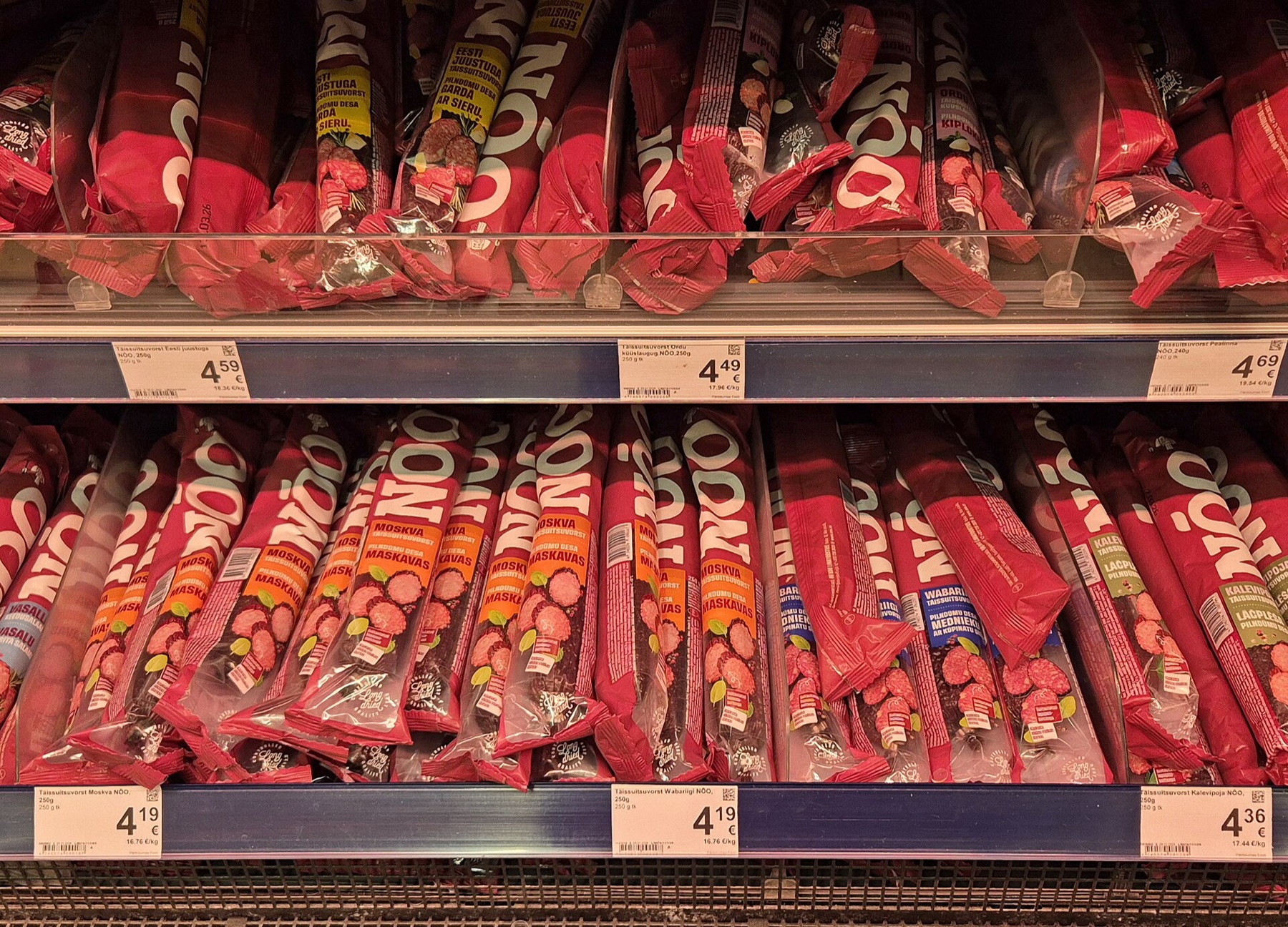 Shelves of packaged food products with prices, illustrating product categories and margin considerations