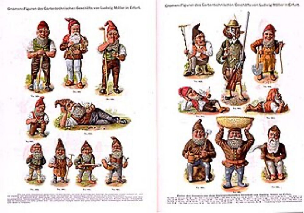 assorted garden gnomes arranged together