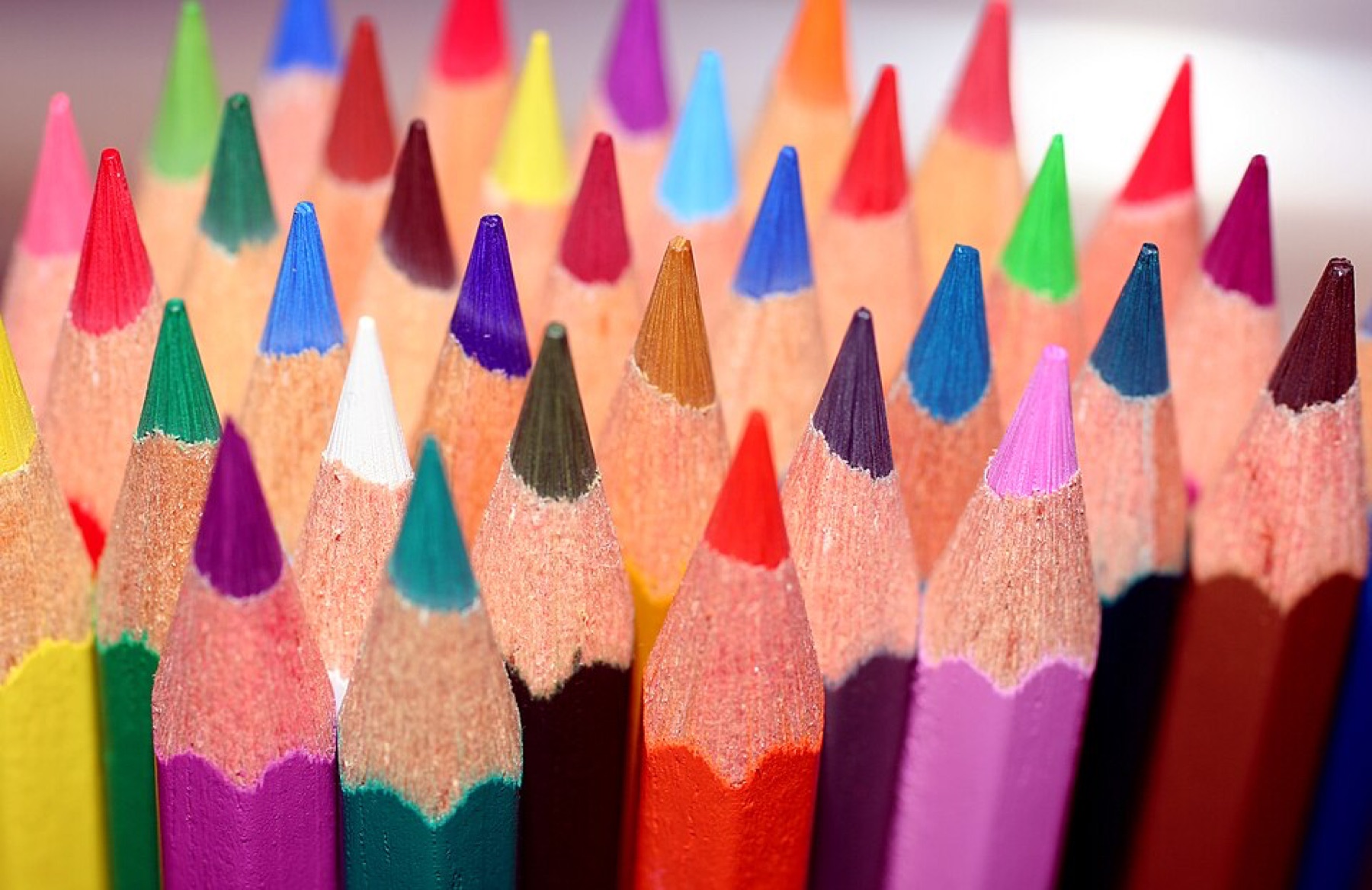 Colored pencils arranged in a row, illustrating colorful stationery like cute pens
