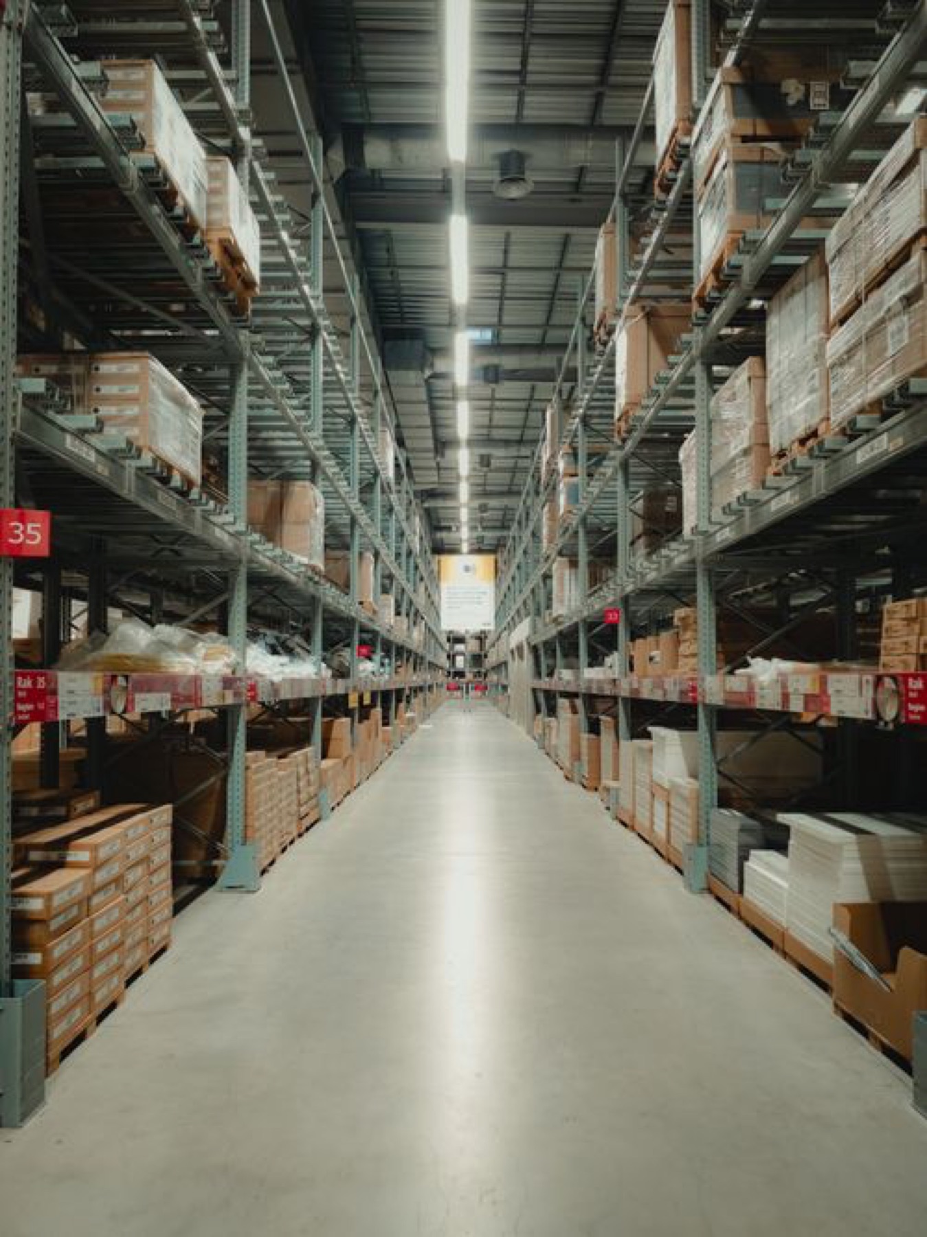 Wholesale warehouse aisle of stacked products illustrating supplier selection and sourcing scale